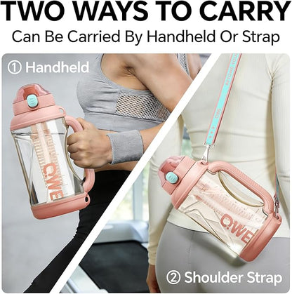 QWE Gym Large Water Bottle for women with lids and Straws&Handle,54oz,Heat-resisting,Reusable,PPSU BPA Free, Plastic Water Bottle Double drinking,leak proof, for Travel,Sport,Outdoors,camping(Pink)
