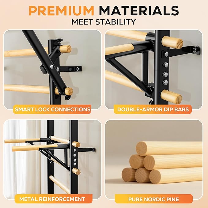 Swedish Ladder, Wood Stall Bar, Swedish ladders Wall Gym Adult, Adjustable Pull Up and Dip Station for Adults and Kids, 9-Anchor Solid Pine, Home Fitness