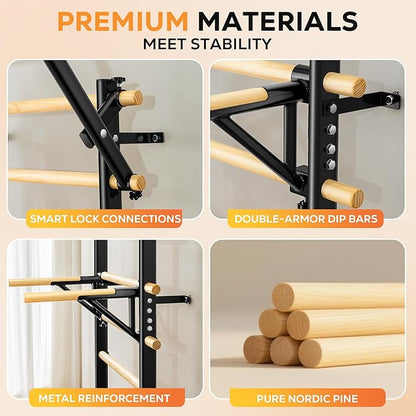 Swedish Ladder, Wood Stall Bar, Swedish ladders Wall Gym Adult, Adjustable Pull Up and Dip Station for Adults and Kids, 9-Anchor Solid Pine, Home Fitness