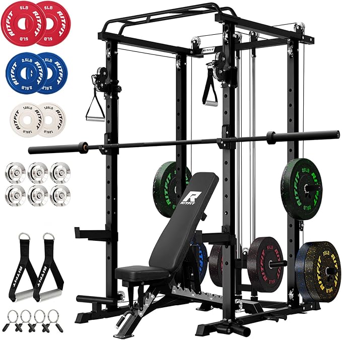 RitFit Multi-Function Garage & Home Gym Package Includes 1200LBS Power Cage PPC03/P3 with Cable Crossover System, Weight Bench, Olympic Barbell Weight Set, Full Body Workout