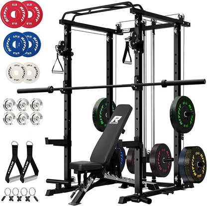 RitFit Multi-Function Garage & Home Gym Package Includes 1200LBS Power Cage PPC03/P3 with Cable Crossover System, Weight Bench, Olympic Barbell Weight Set, Full Body Workout