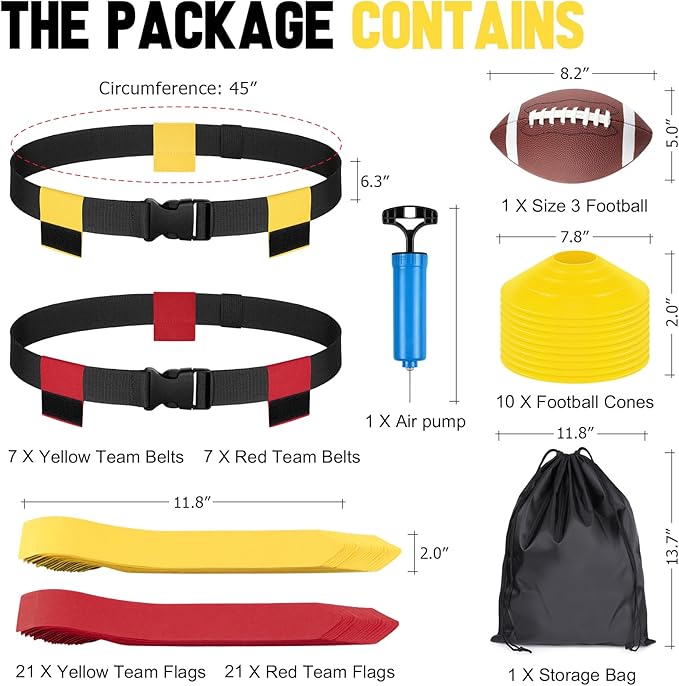 Flag Football Set - 14/20 Player Adjustable Belts with Cones, Football, Pump, Bag, for Youth and Adults Training