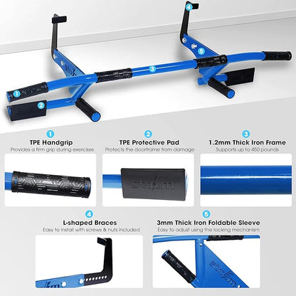 STOZM MultiEx Chin Up Bar – Doorway Chin Up Bar with Multiple Color Options, Push Up Capability, TPE-Protected Grip Positions, Smart Locking Mechanism and 450lbs Weight Capacity
