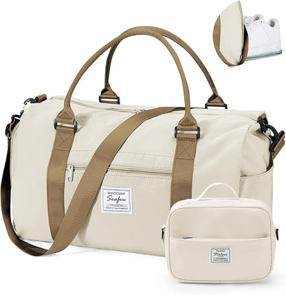Gym Bag for Women with Shoes Compartment,Small Duffel Bag Sport bag with Toiletry Bag Overnight Travel Tote Bags Weekender Carry on Bags Personal Item Bag for Airlines Beige Brown