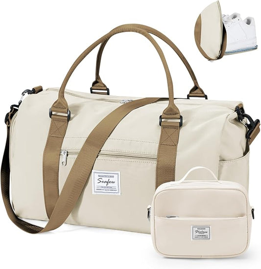 Gym Bag for Women with Shoes Compartment,Small Duffel Bag Sport bag with Toiletry Bag Overnight Travel Tote Bags Weekender Carry on Bags Personal Item Bag for Airlines Beige Brown