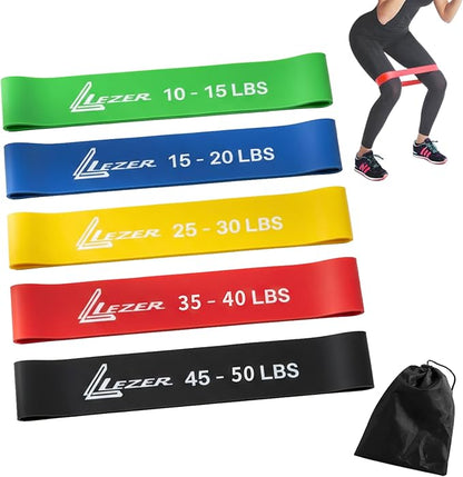 LEZER Resistance Loop Bands for Exercise Workout, Elastic Band, Stretch, Home Gym Fitness, Strength Training, Physical Therapy, Yoga, Women, Men, with Instruction and Carry Bag, Set of 5
