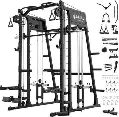 Mikolo M4 2.0 Smith Machine, 2200lbs Squat Rack with LAT-Pull Down System & Cable Crossover Machine, Training Equipment with Leg Hold-Down Attachment