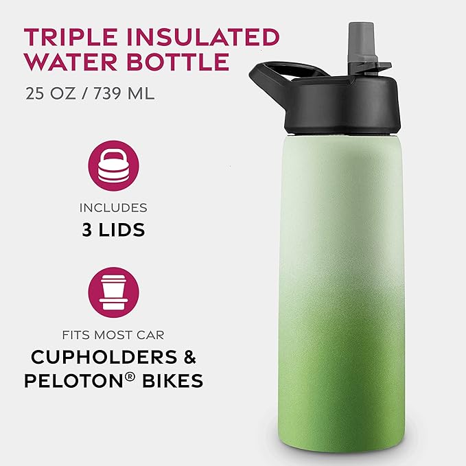 FineDine Water Bottle - Stainless Steel Insulated Water Bottle with Straw Lid, Flip Lid & Wide-Mouth Cap - Keeps Hot and Cold - 25 Oz / 739ml - Dreamy Green