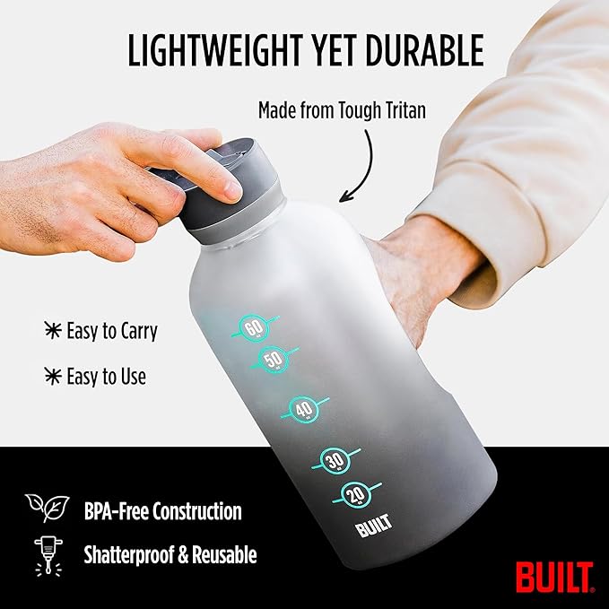 Built 74 Oz Tritan Motivational Bottle with Straw (Gray) - BPA-Free & Leakproof with Wide Mouth, Carry Handle Lid, Dishwasher Safe - Hydration Tracker for Gym, Fitness, Healthy Lifestyle