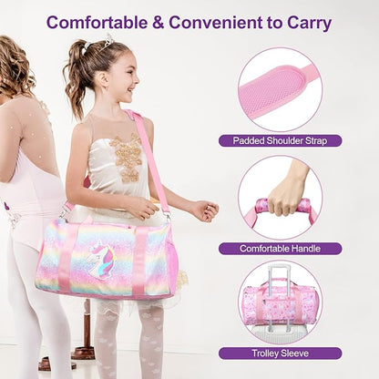 Bagseri Dance Bag for Girls - Kids Duffle with Shoe Compartment, Gymnastics Tote for Sleepover Travel with Water Resistant Wet Pocket（Glitter Unicorn, Pink）
