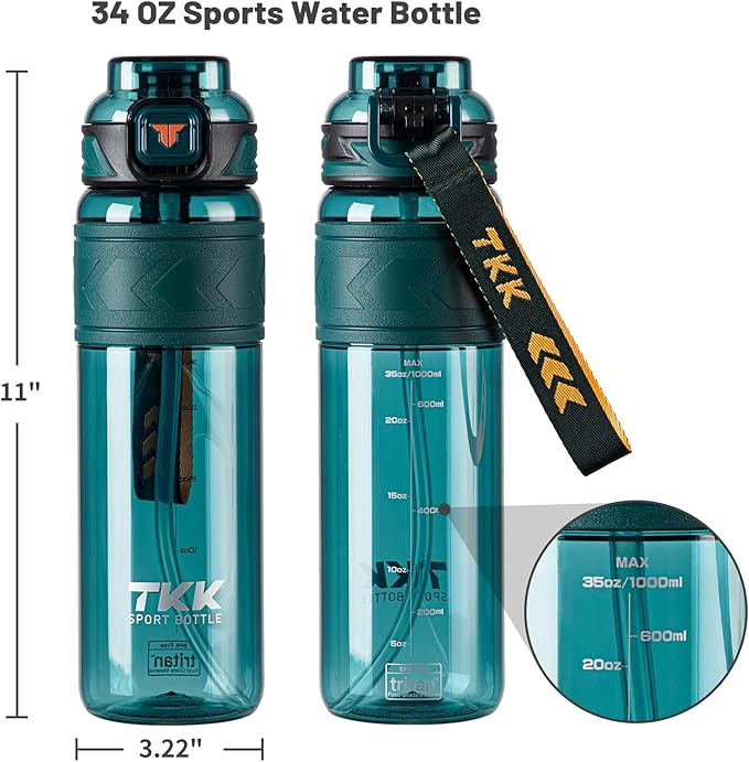 TKK Sports Water Bottles with Removable Straw 34 oz Leak-proof Flip Top Lid BPA Free Tritan Bottles with Strap for School, Fitness, Gym, Outdoor, Green