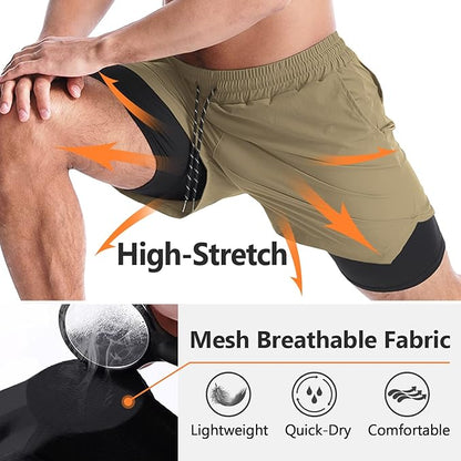 Aolesy Men's 2 in 1 Running Shorts 5" Workout Gym Athletic Shorts for Men Quick Dry Lightweight Training Shorts with Pockets