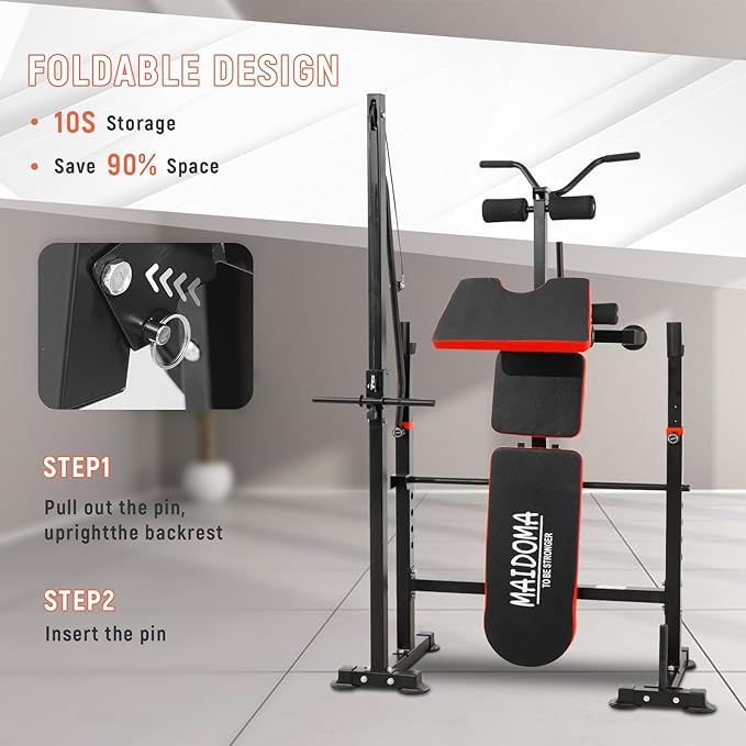 1500LB 8 IN 1 Weight Bench with Lat Pulldown and Leg Extension/Curl, Foldable Bench Press with Preacher Curl & Rack, Workout Benches with Safety Bar Catches for Home Gym(US Stock)