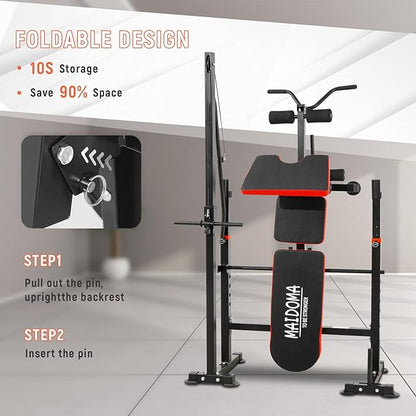 1500LB 8 IN 1 Weight Bench with Lat Pulldown and Leg Extension/Curl, Foldable Bench Press with Preacher Curl & Rack, Workout Benches with Safety Bar Catches for Home Gym(US Stock)