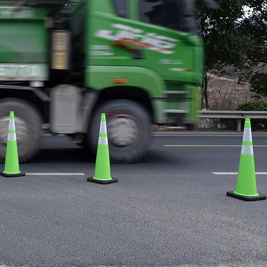 4 Pack 36 Inch Green PVC Traffic Cones Black Base Stable Large Size, Highway Traffic Outdoor Construction Safety Warning Cones (4, Green, 36 Inch)