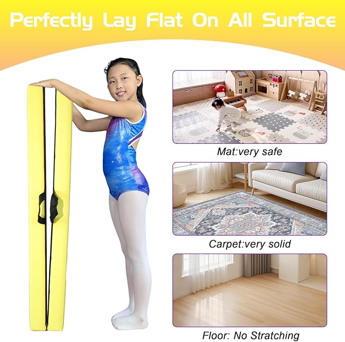 8FT Folding Balance Beam -Gymnastics Floor Beam -Gymnastics Equipment for Kids,Wood core- Anti-Slip Bottom and Carrying Bag for Home