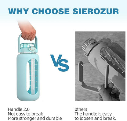 SIEROZUR 64 oz Glass Water Bottle with Straw and Handle Lid Half Gallon Motivational Glass Bottle with Silicone Sleeve and Time Marker Large Reusable Sports Water Jug for Gym Home Workout