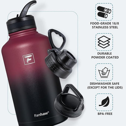 Fanhaw 64 oz Insulated Water Bottle – Large Stainless Steel Jug with 3 Lids (Straw, Spout, Carabiner) | Heavy-Duty, for Camping, Backpacking, Long Hikes & Outdoor Work (Red Black)