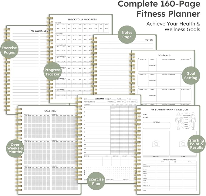 Fitness Workout Journal for Women & Men, A5(5.5" x 8.2") Workout Log Book Planner for Tracking, Progress, and Achieving Your Wellness Goals - Green