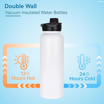 VEGOND 40 oz Insulated Water Bottle Stainless Steel Metal Water Bottles with Leak Proof Straw Lid & Spout Lid, Wide Mouth Double Walled Vacuum Travel Sports Bottle, White