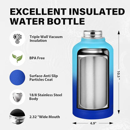 Insulated Water Bottle 64 oz, Triple Wall Vacuum Stainless Steel Water Bottles (Cold for 48 Hrs), Leak Proof & Non-BPA, Half Gallon Water Flask Jug Wide Mouth Straw Lid & Spout Lid