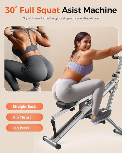 Sportsroyals Squat Machine, Squat Assist Rower for Glutes and Thighs, Foldable Exercise Equipment w/ Four Adjustable Resistance for Home, Full Body Workout Machine