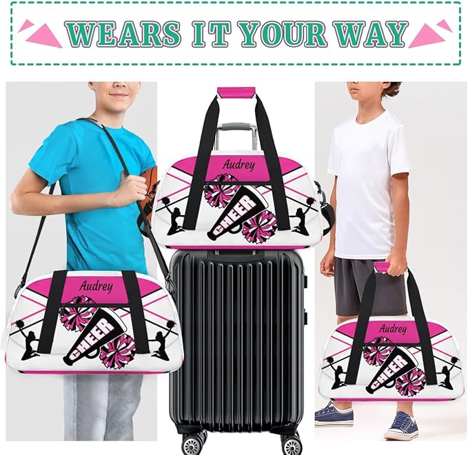 Custom Sports Gym Bag for Girls Cheerleading Bag, Personalized Sport Dance Bag Travel Overnight Small Duffel Bag Gymnastics Workout Sleepover Bag, Rosy White Black CHEER