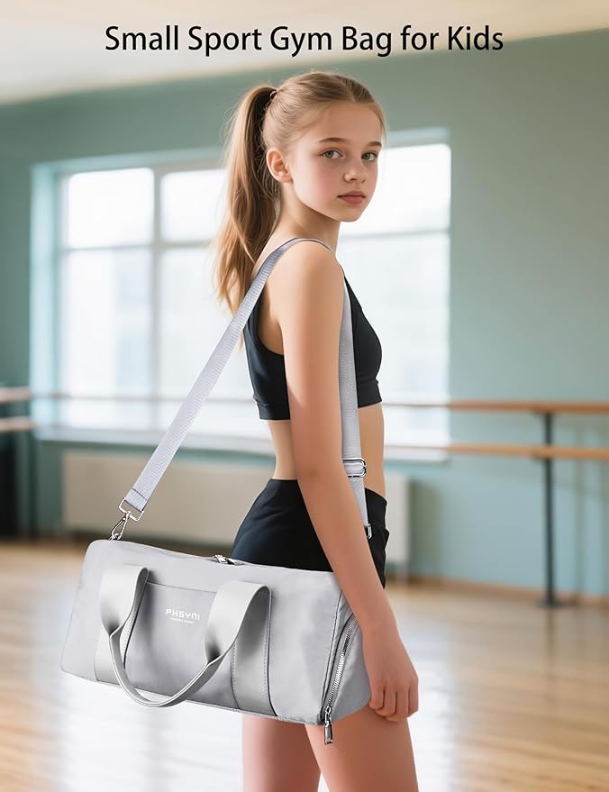 Sports Small Gym Bag for Women and Men, Cute Mini Duffle Bag with Wet Pocket & Shoes Compartment, Personal Item Travel Workout Bag, 16"-Small, Grey