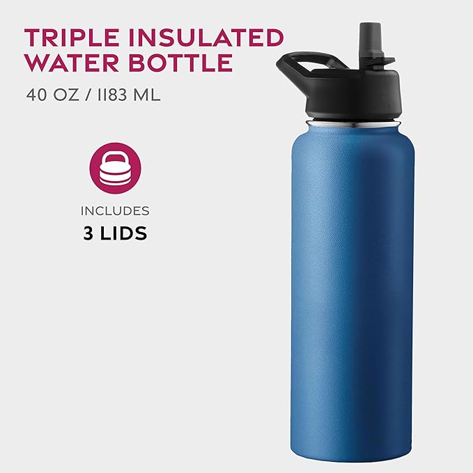 FineDine Triple Walled, Insulated Water Bottles with Straw - 40 Oz Stainless Steel Metal Bottle W/ 3 Leak Proof Lids - For Travel, School, Sports, Gym/Men, Women & Kids - Majestic Sapphire