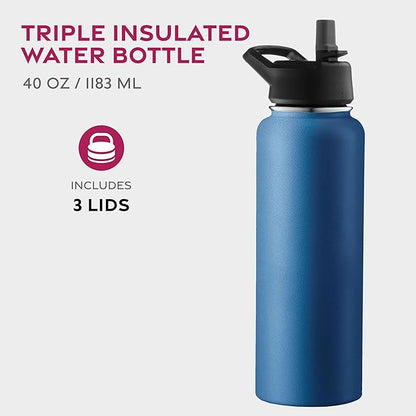 FineDine Triple Walled, Insulated Water Bottles with Straw - 40 Oz Stainless Steel Metal Bottle W/ 3 Leak Proof Lids - For Travel, School, Sports, Gym/Men, Women & Kids - Majestic Sapphire