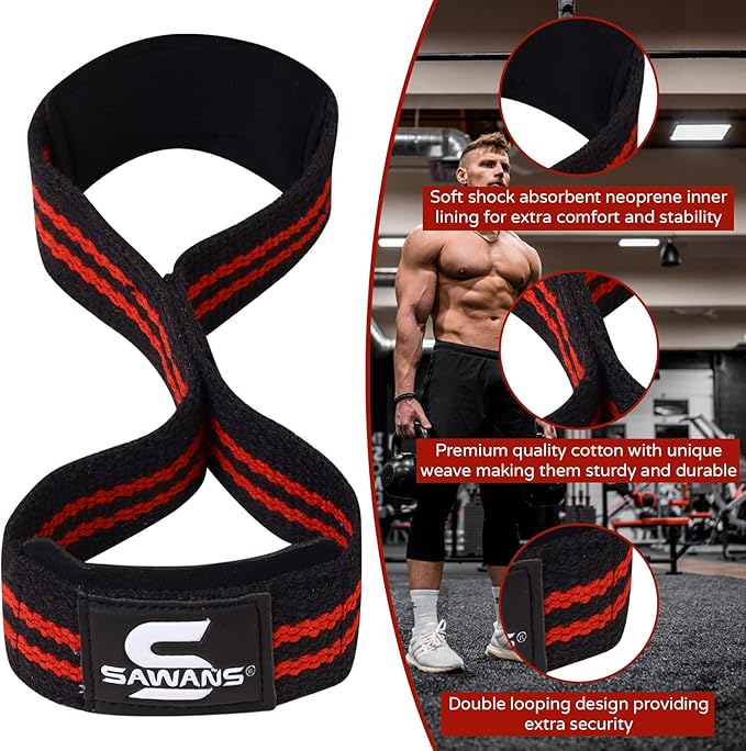 SAWANS Lifting Straps Padded Grip Figure 8 Wrist Straps Weight Heavy Duty Double Loop Bodybuilding Training Gym Straps Hand Bar Non Slip Deadlift Support Strong Cuffs Powerlifting