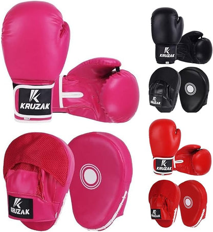 Kruzak Plain Focus Mitts and Boxing Gloves Set for Kickboxing and Muay Thai MMA Training - Fitness Kit with Punching Pads for Martial Arts and Karate
