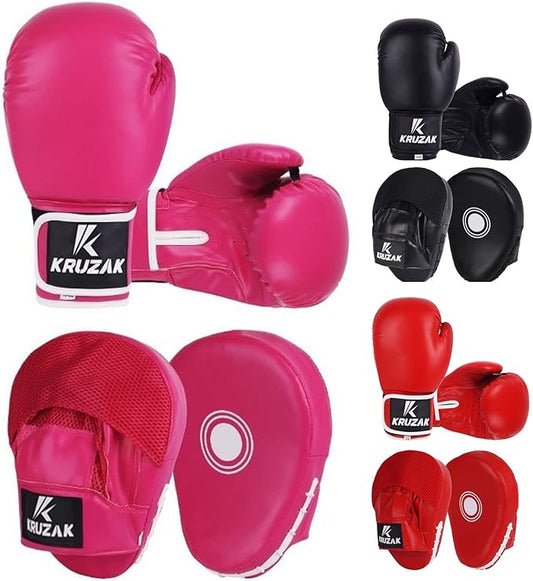 Kruzak Plain Focus Mitts and Boxing Gloves Set for Kickboxing and Muay Thai MMA Training - Fitness Kit with Punching Pads for Martial Arts and Karate