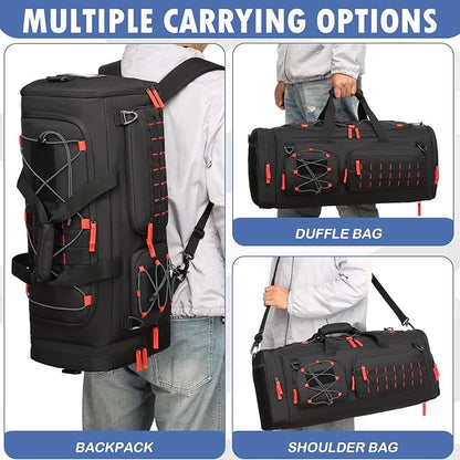 Gym Bag for Men and Women, 50L Extra Large Duffle Bag, 3-in-1 Travel Sports Duffel Bags with Shoe & Laptop Compartment for Overnight Weekender Gym Traveling Workout Deployment, Black+Red