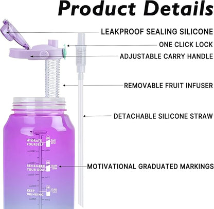 64oz Sports Water Bottle with Fruit Infuser, 2 in 1 Straw and Chug Motivational Water Bottle with Time Marker, Half Gallon Large Water Jug with Handle for Travel Fitness Gym Outdoor (Purple)