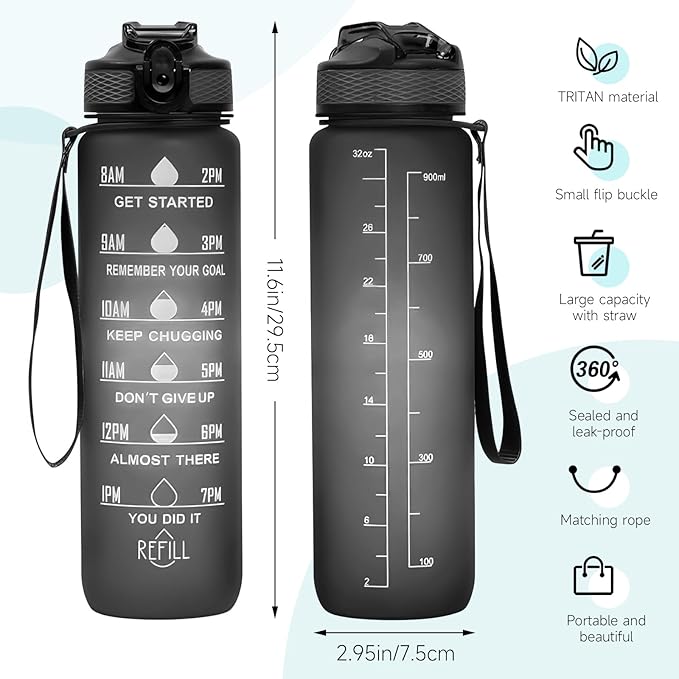 32 oz Water Bottles with Times to Drink and Straw, Motivational Water Bottle with Time Marker, Leakproof & BPA Free, Drinking Sports Water Bottle WIth Hand Strap for Fitness, Gym & Outdoor (black)