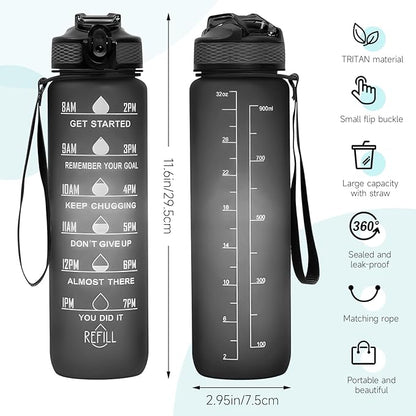 32 oz Water Bottles with Times to Drink and Straw, Motivational Water Bottle with Time Marker, Leakproof & BPA Free, Drinking Sports Water Bottle WIth Hand Strap for Fitness, Gym & Outdoor (black)