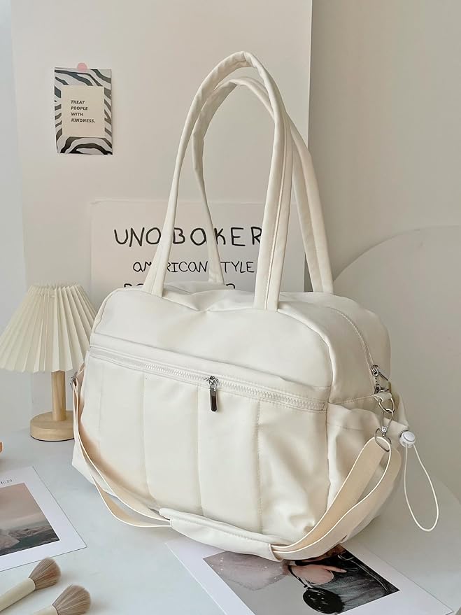Travel Duffle Gym Bag for Women, Lightweight Puffer Carry on Weekender Bags with Wet Pocket Tote Yoga Workout Bag (Beige)