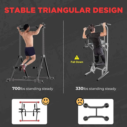 Folding Power Tower Dip Station Pull Up Bar, Multifunctional Pull Up Tower Adjustable Height, Triangular Structure Strength Training Workout Equipment for Home Gym Fitness