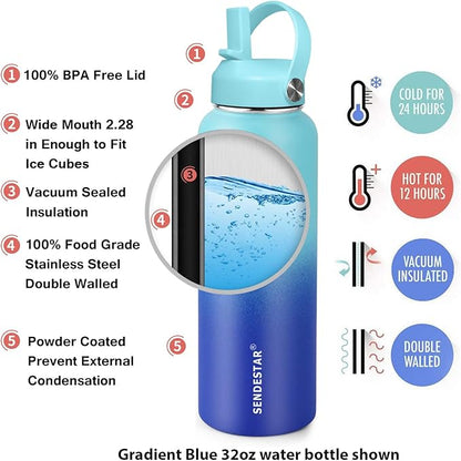 SENDESTAR Stainless Steel Wide Mouth Water Bottle 32oz Double Wall Vacuum Insulated Leak Proof Bottle with New Flex Straw Lid & Spout Lid XIN-MC-1000-1