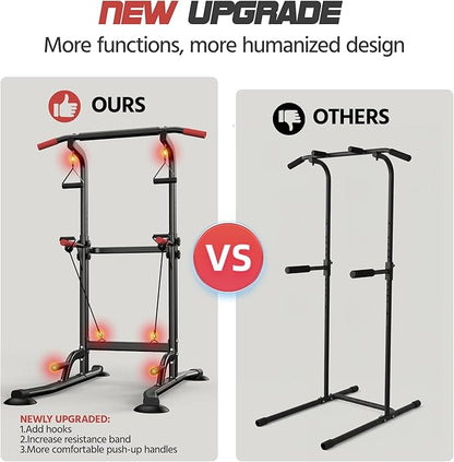 Power Tower Pull Up Bar Free standing with Resistance Bands, 350LBS Heavy Duty Alloy Steel Dip Station for Home Gym Strength Training, Adjustable Height Workout Equipment
