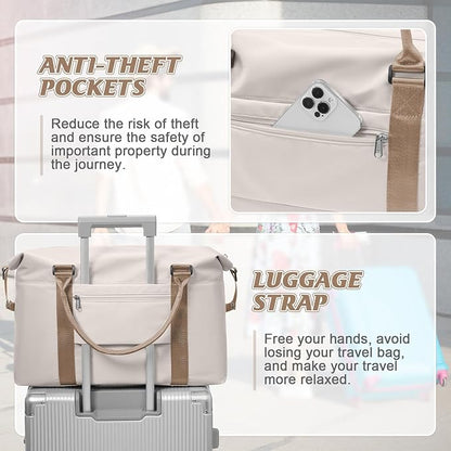 BJLFS Sports Duffel Bags for Women Beige Weekender Travel Totes Bag for Airplane, Cute Sports Gym Dance Overnight Luggage Bag with Wet Pocket, Carry On Hospital Bag for Labor and Delivery