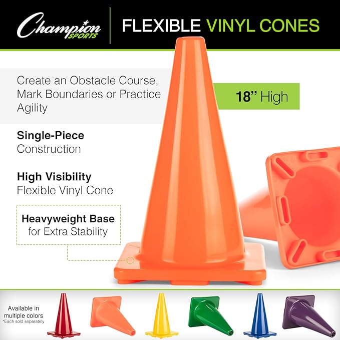Champion Sports High Visibility Flexible Vinyl Cones for Sports Training, Agility Drills, Field & Gym Marking Sets