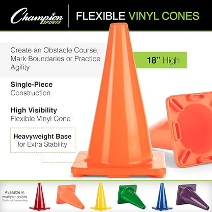 Champion Sports High Visibility Flexible Vinyl Cones for Sports Training, Agility Drills, Field & Gym Marking Sets