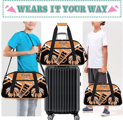 Personalized Girls Gym Cheerleading Bag Sport Duffle Bag, Custom Name Carry On Weekender Bag for Women Men Travel Vocation Business Trip, Orange Glitters Black