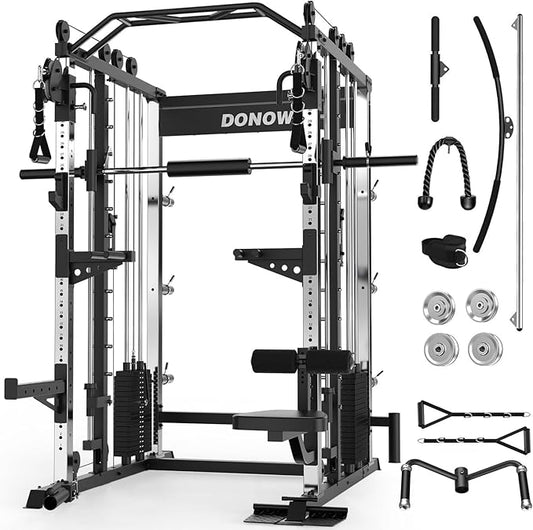 DONOW Smith Machine with Weight Stacks, Heavy Duty Home Gym System Power Cage Cable Crossover Machine Multi-Functional Trainer Ratio 1:1
