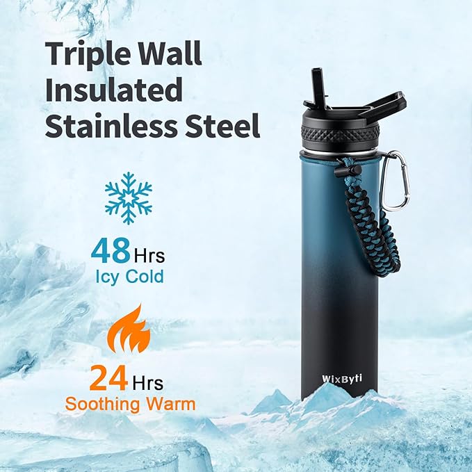24 oz Insulated Water Bottle with Straw (Cold for 24 Hrs), Stainless Steel Triple Wall Vacuum Sports Water Jug, Leakproof Hydro Cup Flask with Paracord Handle & Straw Spout Lids & DIY Stickers