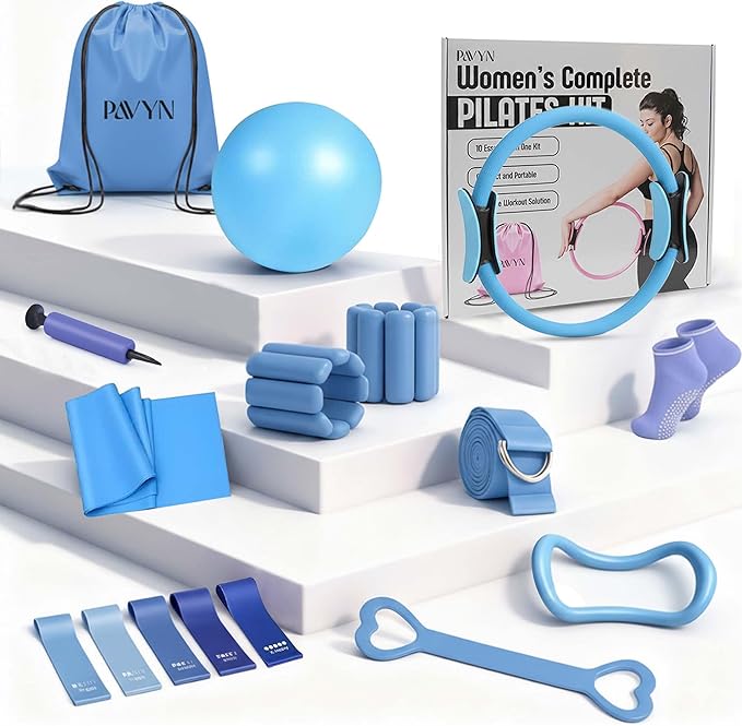 Pilates Kit 16- Pieces with Adjustable Resistance – Fitness Ring, Exercise Ball, Bands, Wrist Weights & Essential Pilates Equipment for Home Workouts - Versatile Fitness Accessories