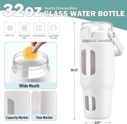 BLUEGO 32oz Glass Water Bottle with Handle and Straw|Leakproof Sports Glass Bottle with Time Marker and Silicone Sleeve|Glass Drinking Bottle for Travel, Gym, Workout, White