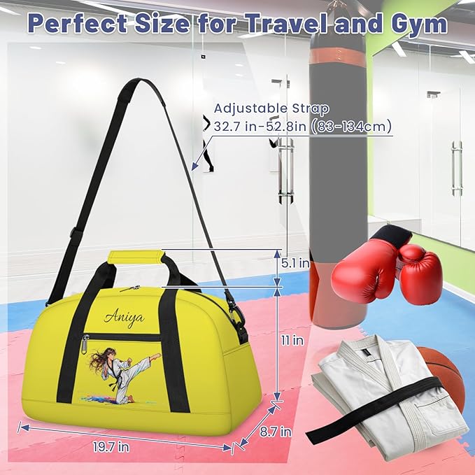 Custom Name Taekwondo Karate Duffle Bag for kids Girls - Personalized Martial Arts Gear Bag, Water-Resistant Sparring Equipment Bag, Taekwondo Yellow